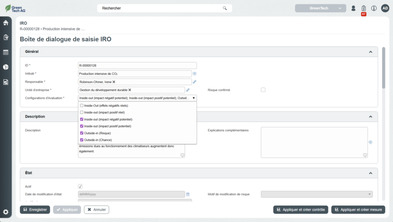 Boîte de dialogue de saisie IRO