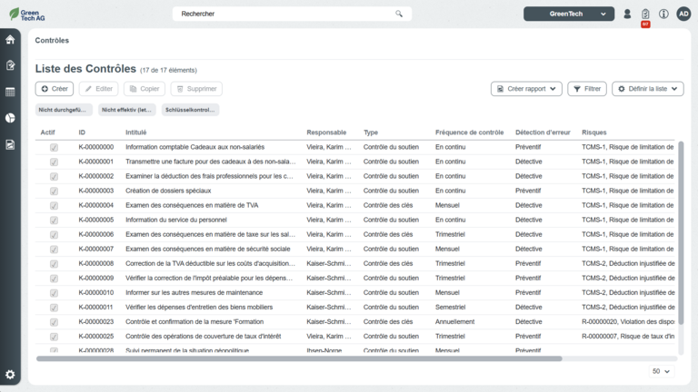 Liste des Contrôles