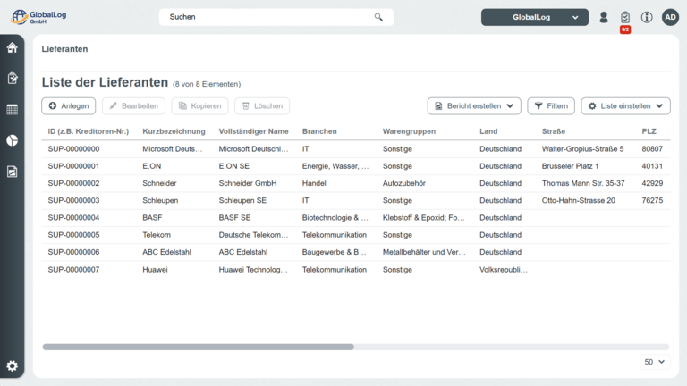 Liste der Lieferanten