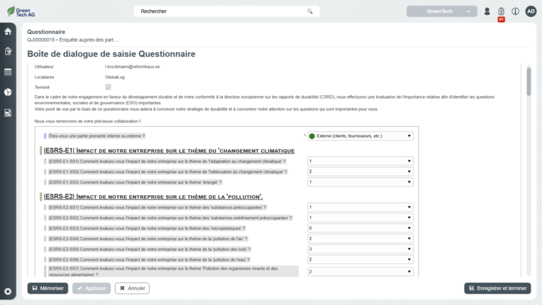 Boîte de dialogue de saisie Questionnaire