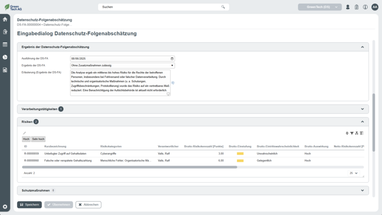 Eingabedialog Datenschutz Folgeabschätzung