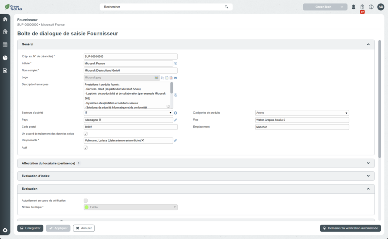 Boîte de dialogue de saisie Fournisseur