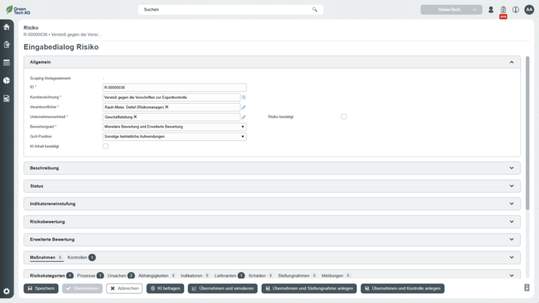 Ansicht des Eingabedialogs zu einem Risiko
