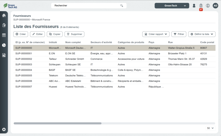 Liste des Fournisseurs