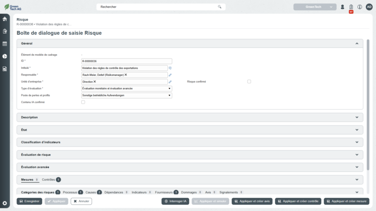 Boîte de dialogue de saisie pour enregistrer un risque